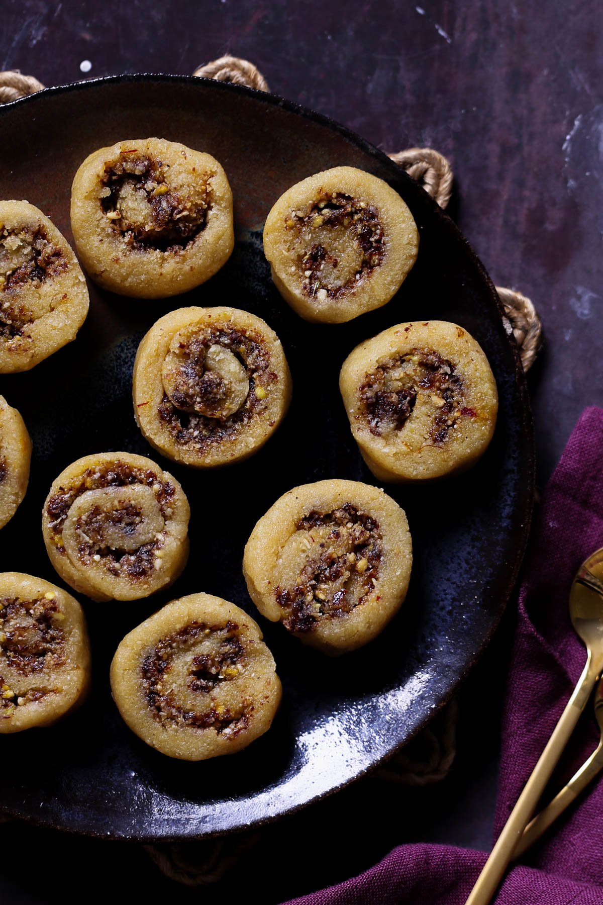 Gujiya Peda (Indian Fudge With Coconut Pistachio Raisin Swirls)